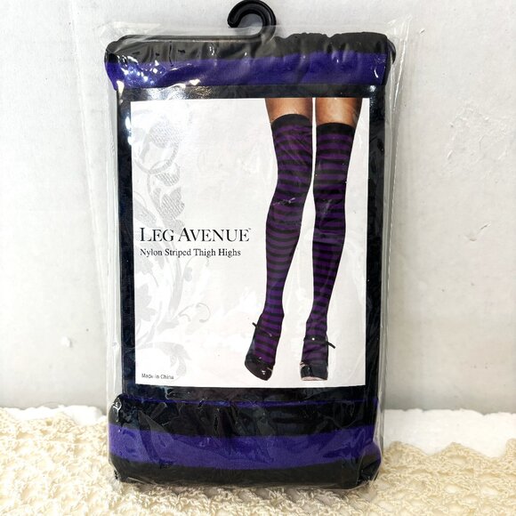 Leg Ave Purple & Blk Stripe Thigh Highs  NWT NOS One Size - Picture 1 of 6